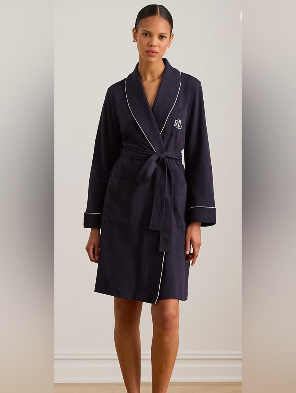 Ralph Lauren Navy Robe with White Piping And Logo